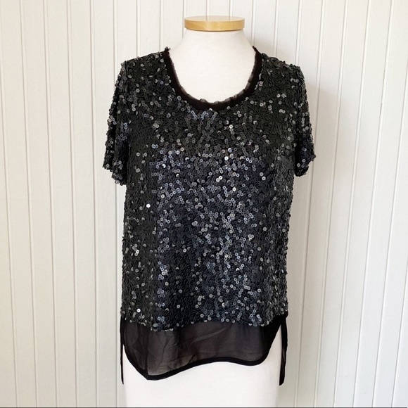 NWT Alberto Makali Black Sequin Sheer Short Sleeve Shirt Top Size Medium - Picture 1 of 13